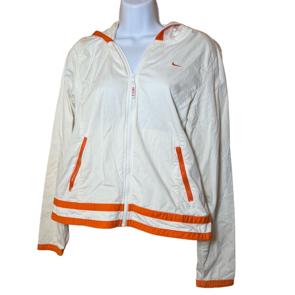 Vintage Nike Windbreaker Jacket Women's L White Orange Full Zip Hooded Y2K Coat